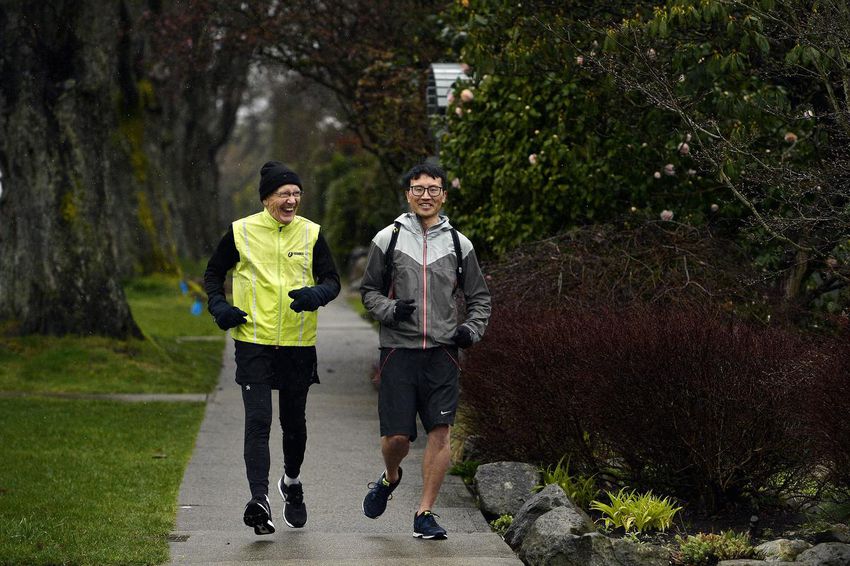 Rod Waterlow and Star reporter Douglas Quan go for a run in Vancouver's West Point Grey neighbourhood on Mar. 2, 2020.