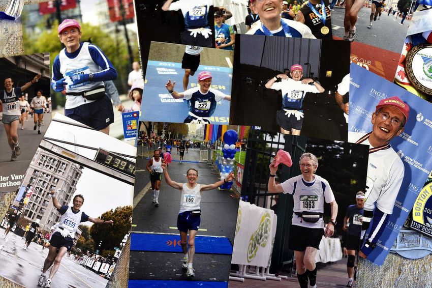 Photos of runner Rod Waterlow, 82, taking part in various races.