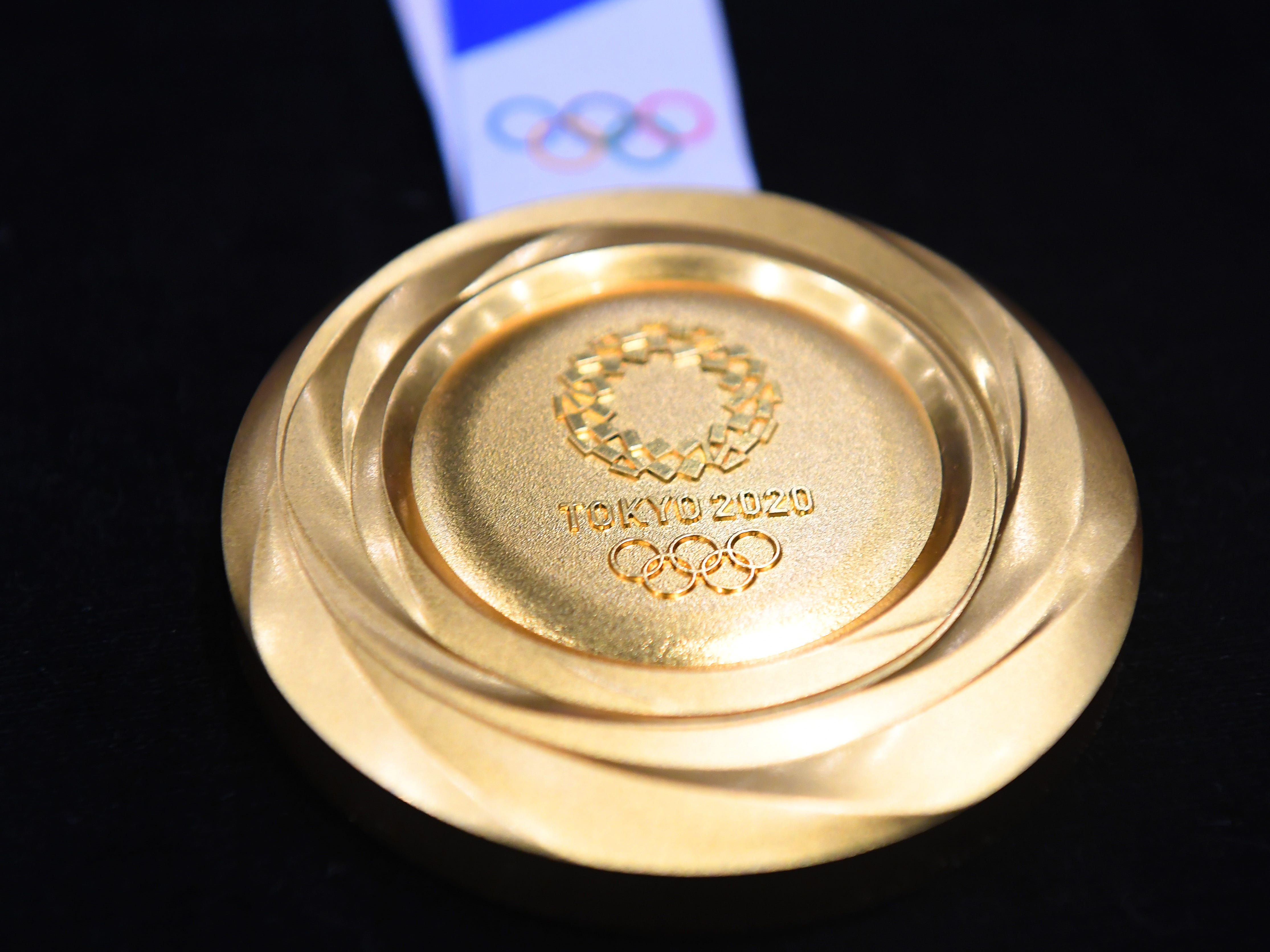 Another view of the gold medal for the 2020 Summer Olympics in Tokyo.