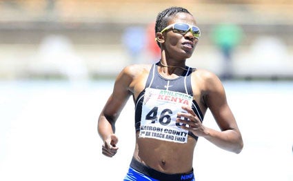 Millicent Ndoro crosses the finishing line to win the women's 200 metres final during the second leg of Athletics Kenya’s track and field series at Moi International Sport Centre, Kasarani on March 6, 2020. PHOTO | CHRIS OMOLLO | 