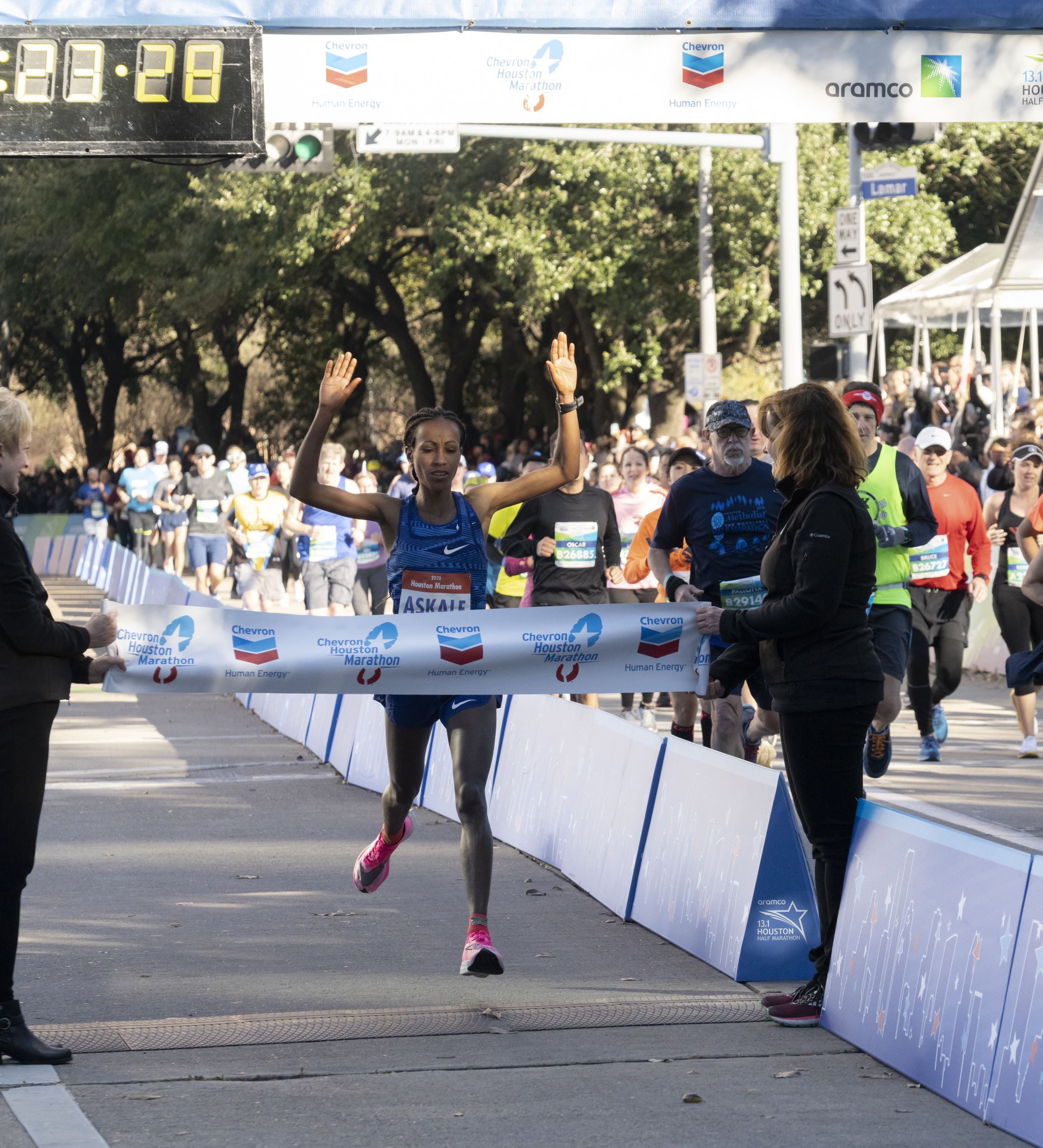 Askale Merachi of Ethiopia captured the women’s marathon title in her debut, clocking 2:23:29 in Houston on Sunday, January 19, 2020.