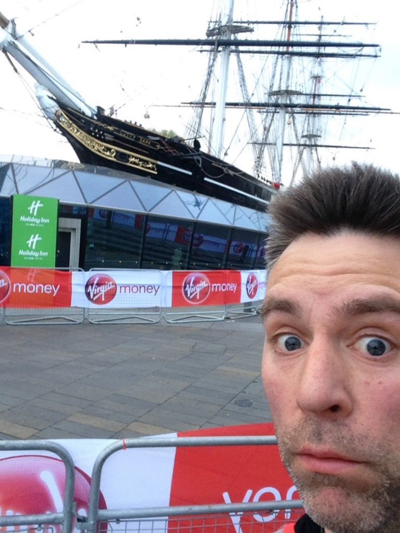 Will Kirk takes in the sights of London during the backwards marathon