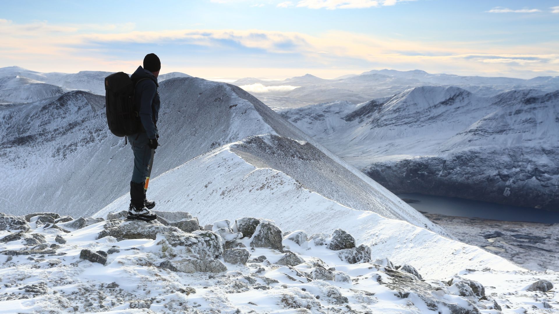 Hiker at Ganu Mor in winter