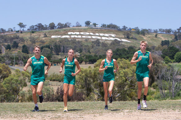 Members of the Australian World Cross Country team Jack Rayner, Rose Davies, Abbey Caldwell and Stewart McSweyn on Mount Panorama.