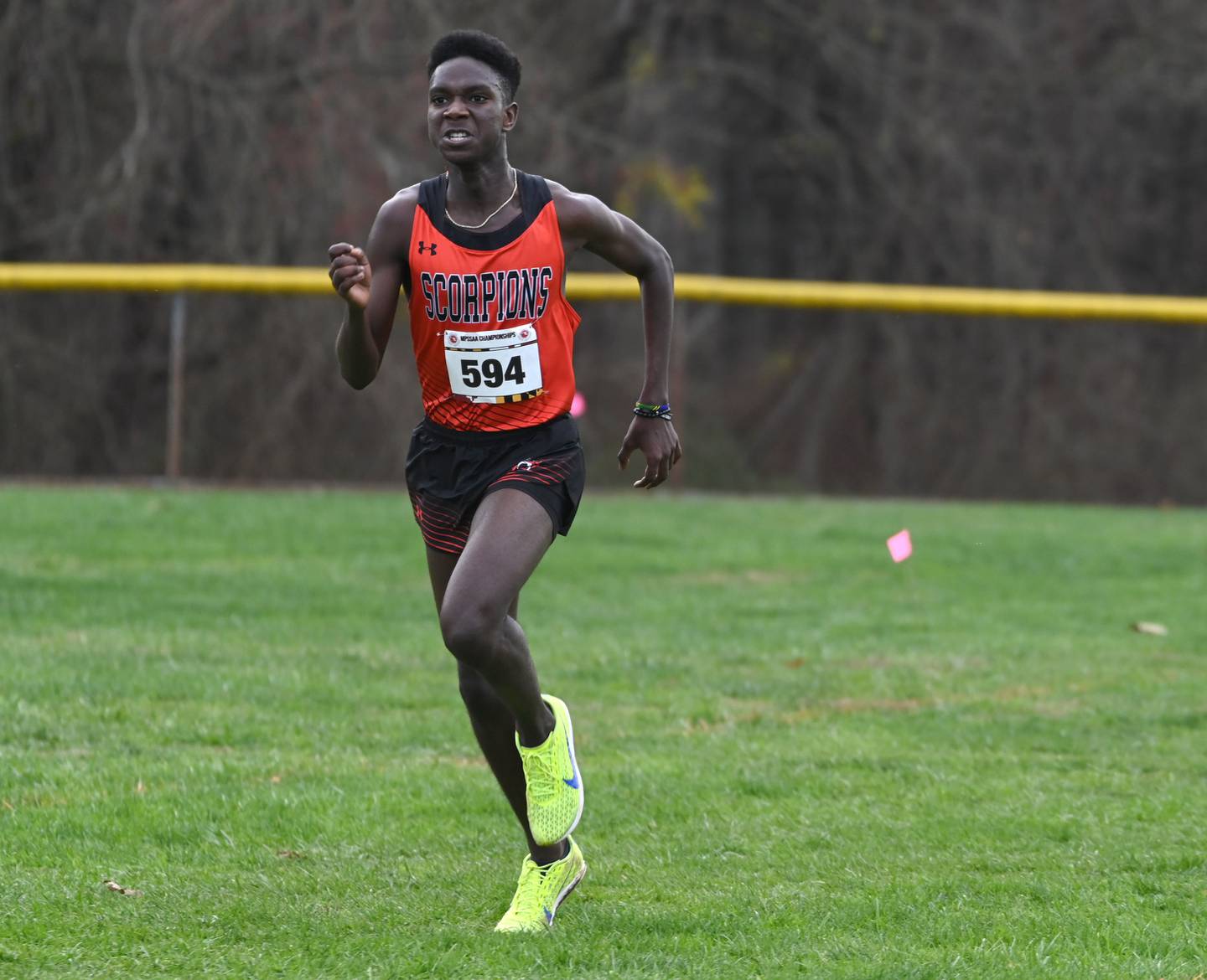 Oakland Mills's Ethan Aidam comes to the finish to win the Class 2A boys race during the cross country state championships at Hereford High School on Nov. 12. 