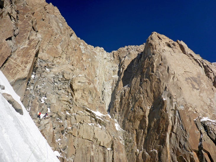 A great bowl of steep granite rises above the third bivouac, at 6,600 meters, on the northwest face of Saraghrar Northwest.
