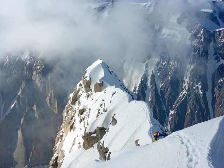 It took two full days to traverse the ridge line to the summit of Saraghrar Northwest and return to the bivouac above the northwest face, and then a long day and night to descend the face. 