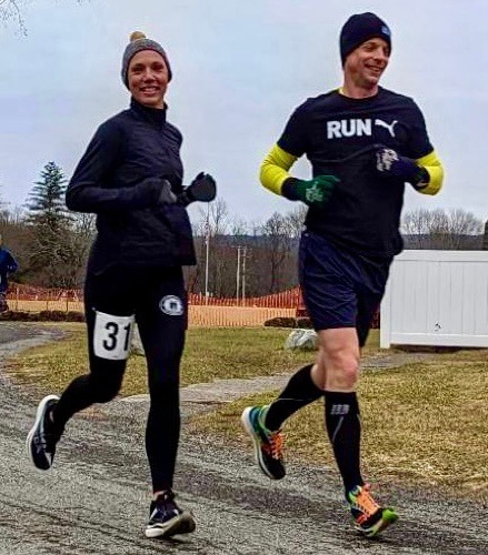 Kristin Sherwood, left, of Poughkeepsie, N.Y., and Kent Rinehart of Red Hook, N.Y., were the women's and men's winners, respectively,at the Frozen Looper at Lakeside Park in Pawling, N.Y., on Sunday, Jan. 22, 2023. (Steve Schallenkamp Photo)