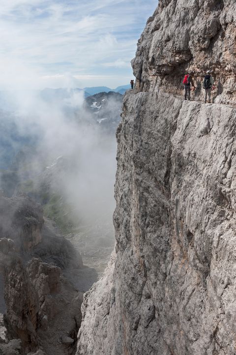 ej72b5 climbers on rock band, via ferrata bocchette centrali, no 305, adamello brenta nature park, brenta group, dolomites, trentino