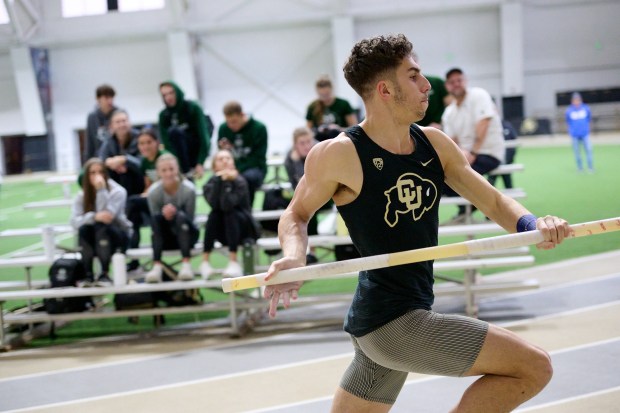 Combined events athlete Nick Bianco sprints during his pole vault at the Potts Invitational. Bianco and his CU teammates host their final home meet of the season Jan. 27 at the Indoor Practice Facility. (Dave Albo / Lane1Photos)