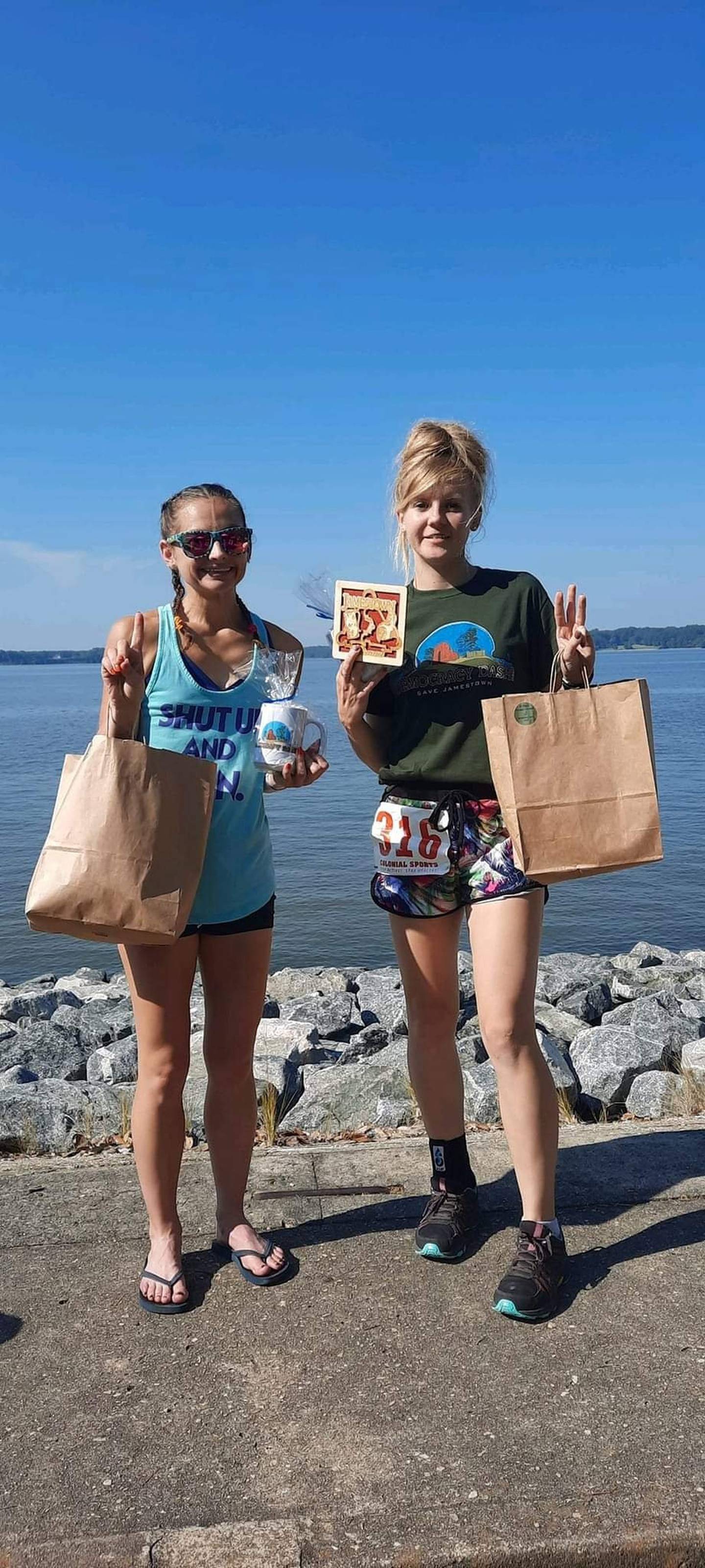 From left are Emily Honeycutt and Svitlana Honcharova after last year's Democracy Dash 10K. Courtesy of Cindy Fitchett