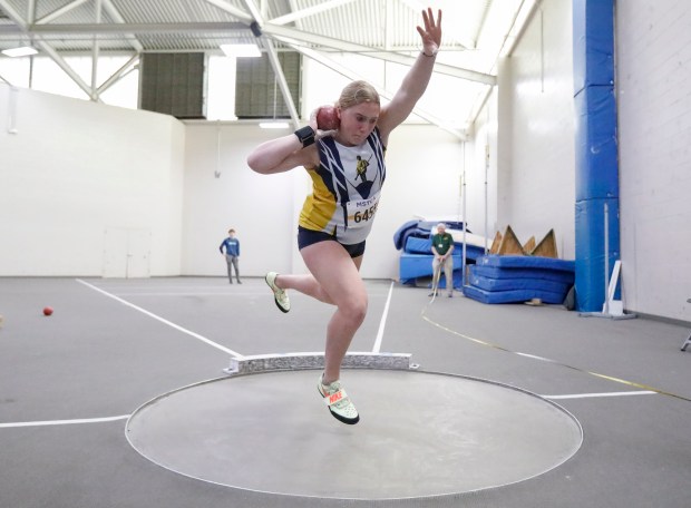 Lexington's Ainsley Cuthbertson competes in the girls shot put event during the Auerbach Freshman-Sophomore Large School Invitational on Saturday. (Photo by Paul Connors/Media News Group/Boston Herald)