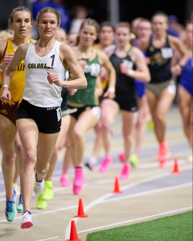 Olympic steeplechaser Val Constien won the mile at the Jan. 27 Colorado Invitational on campus. She is back training consistently and looking ahead to the U.S. Track and Field Trials for the 2024 Paris Olympic Games. (Dave Albo/Lane1Photos)